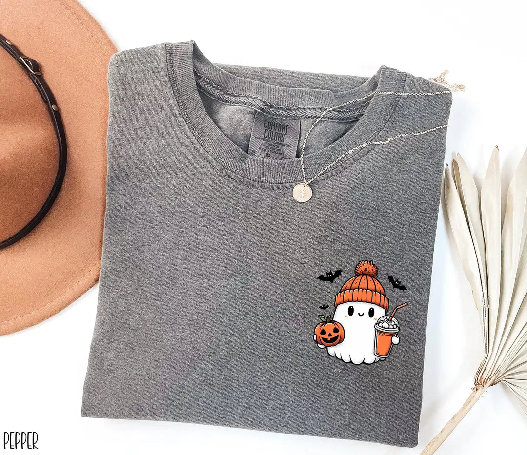 Cute Ghost Halloween graphic Comfort Colors T-shirt, additional product photograph.