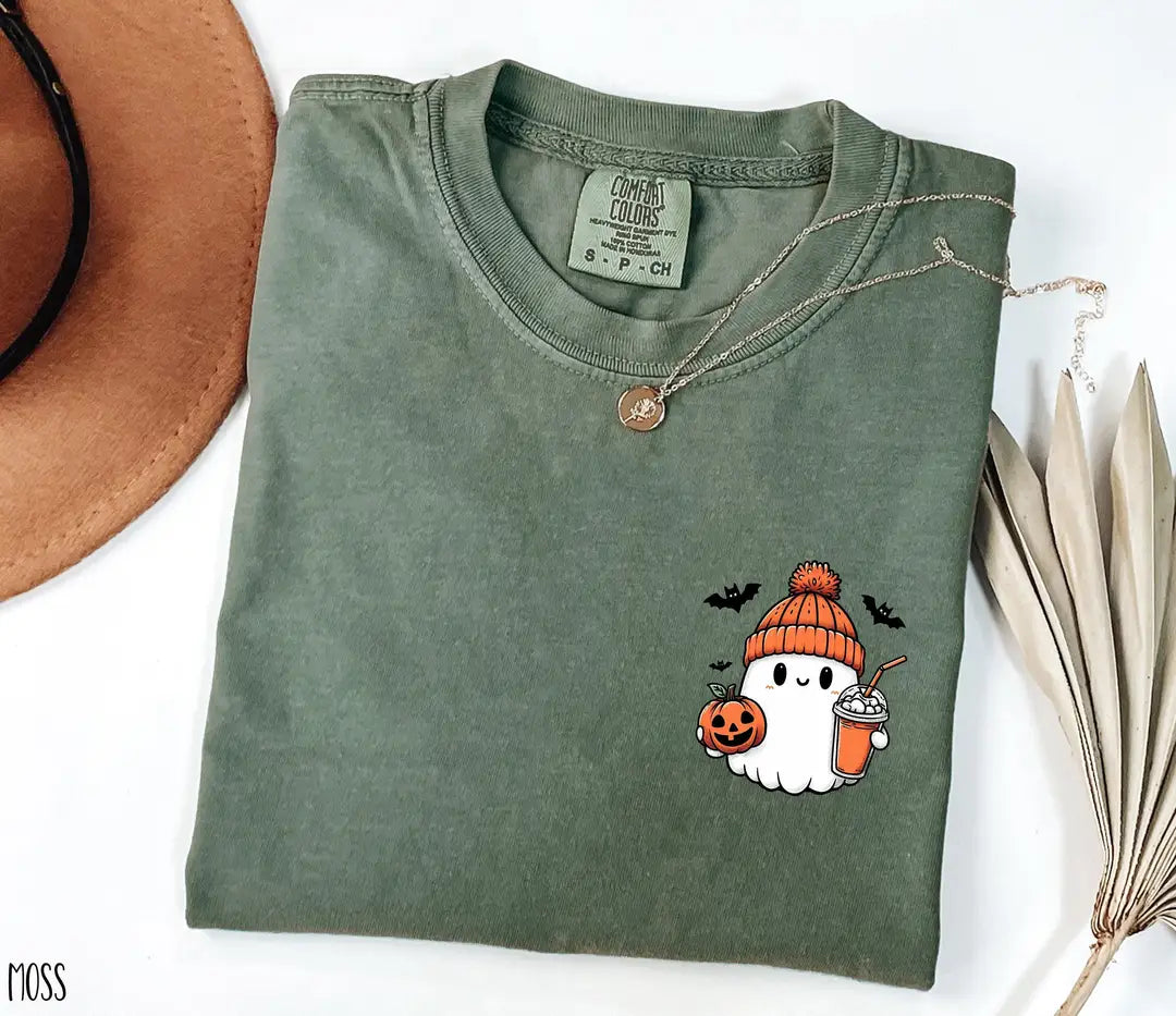 Cute Ghost Halloween graphic Comfort Colors T-shirt in Moss, additional product photograph.