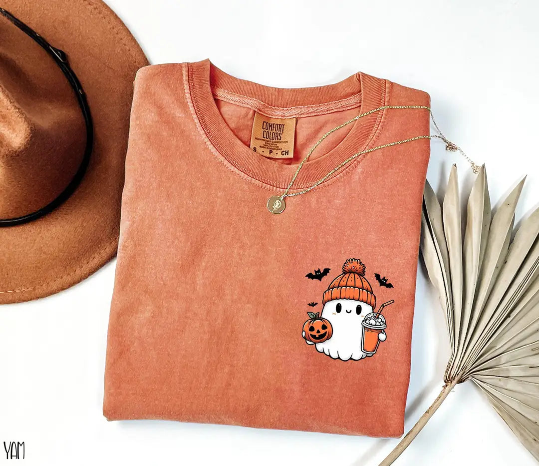 Comfort Colors T-shirt with Cute Ghost Halloween printed design, featured shirt mockup.