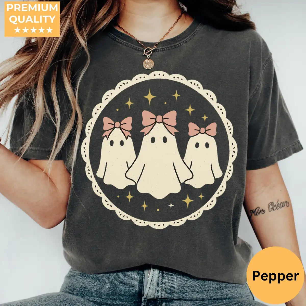 Comfort Colors T-shirt in Yam color featuring ghosts with bows graphic