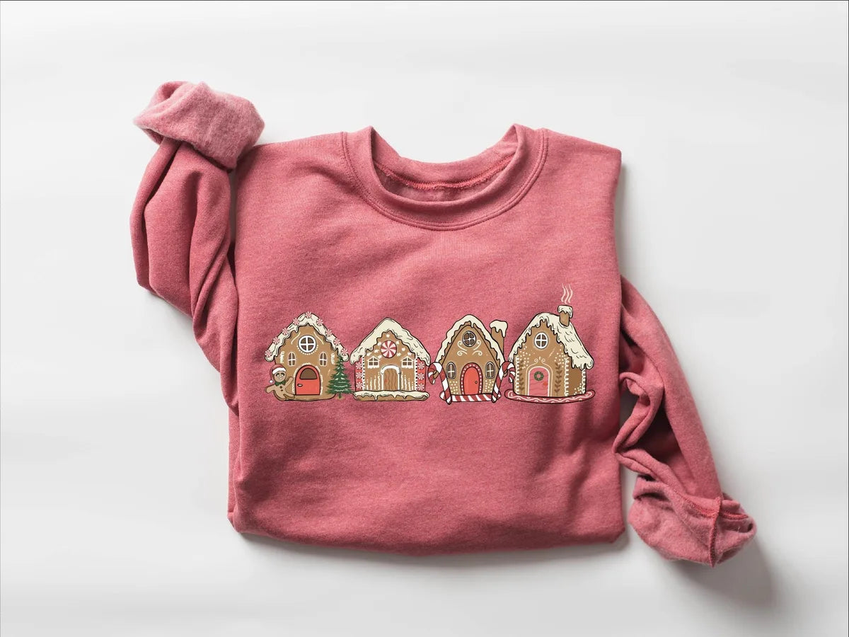 Cute Gingerbread Cookie Houses : Festive Holiday Crewneck Sweatshirt alternate product view.