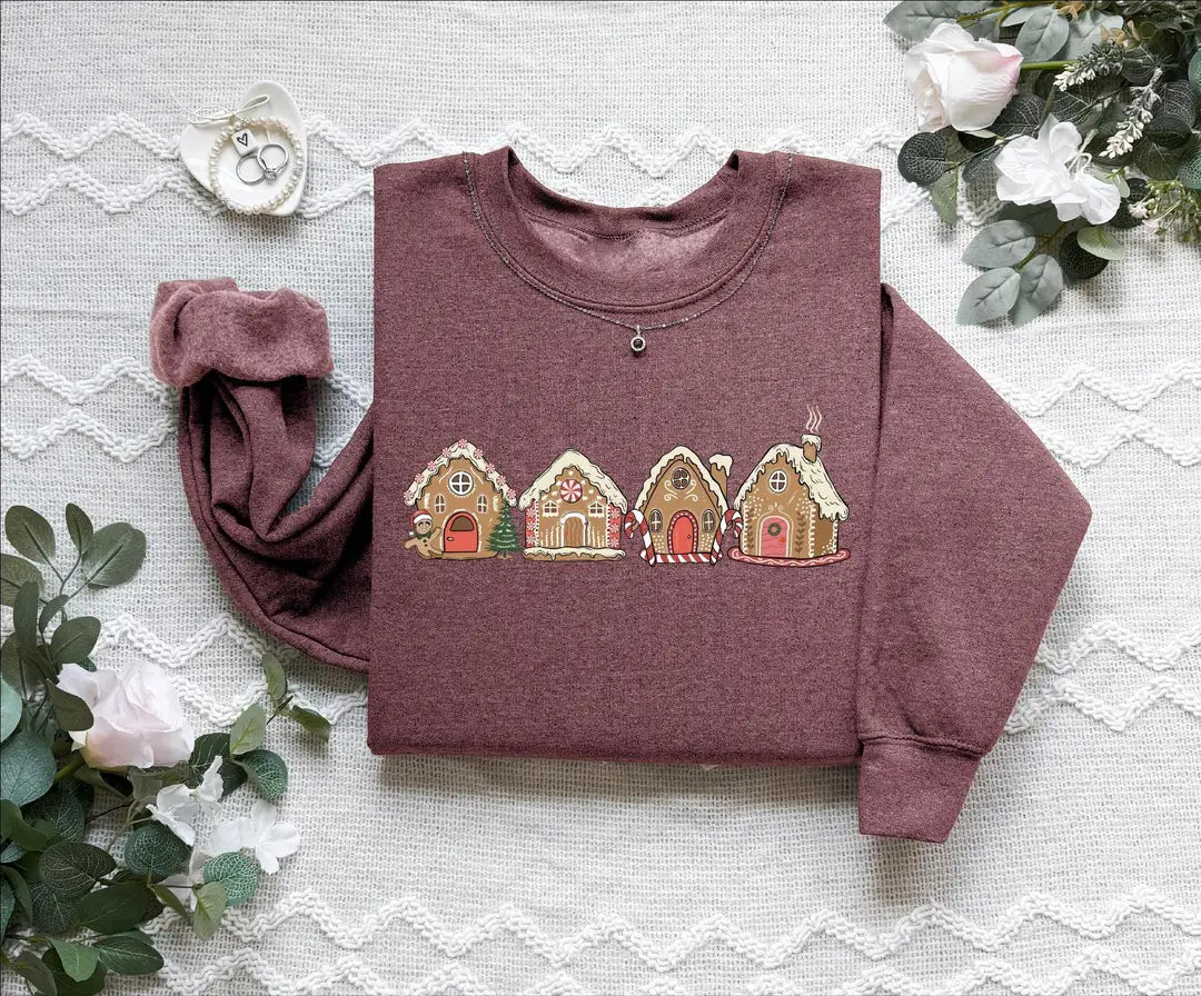 Cute Gingerbread Cookie Houses : Festive Holiday Crewneck Sweatshirt alternate product view.