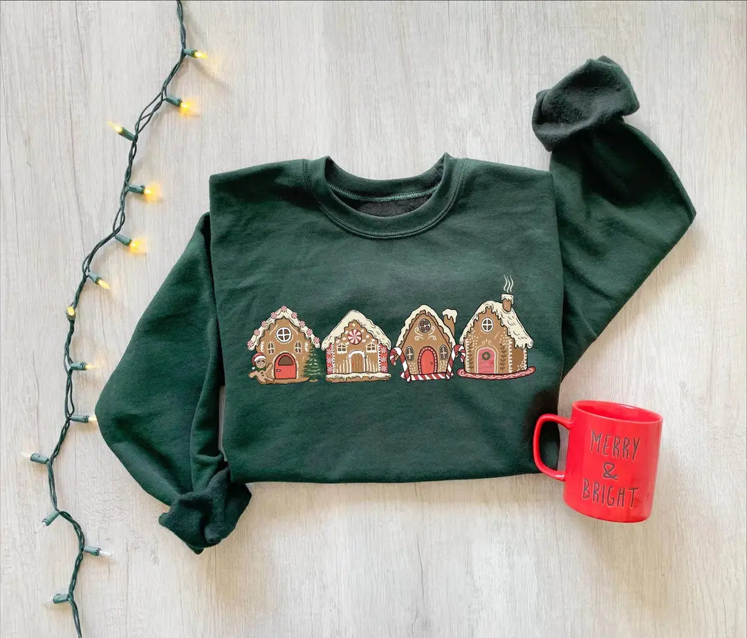 Cute Gingerbread Cookie Houses : Festive Holiday Crewneck Sweatshirt alternate product view.