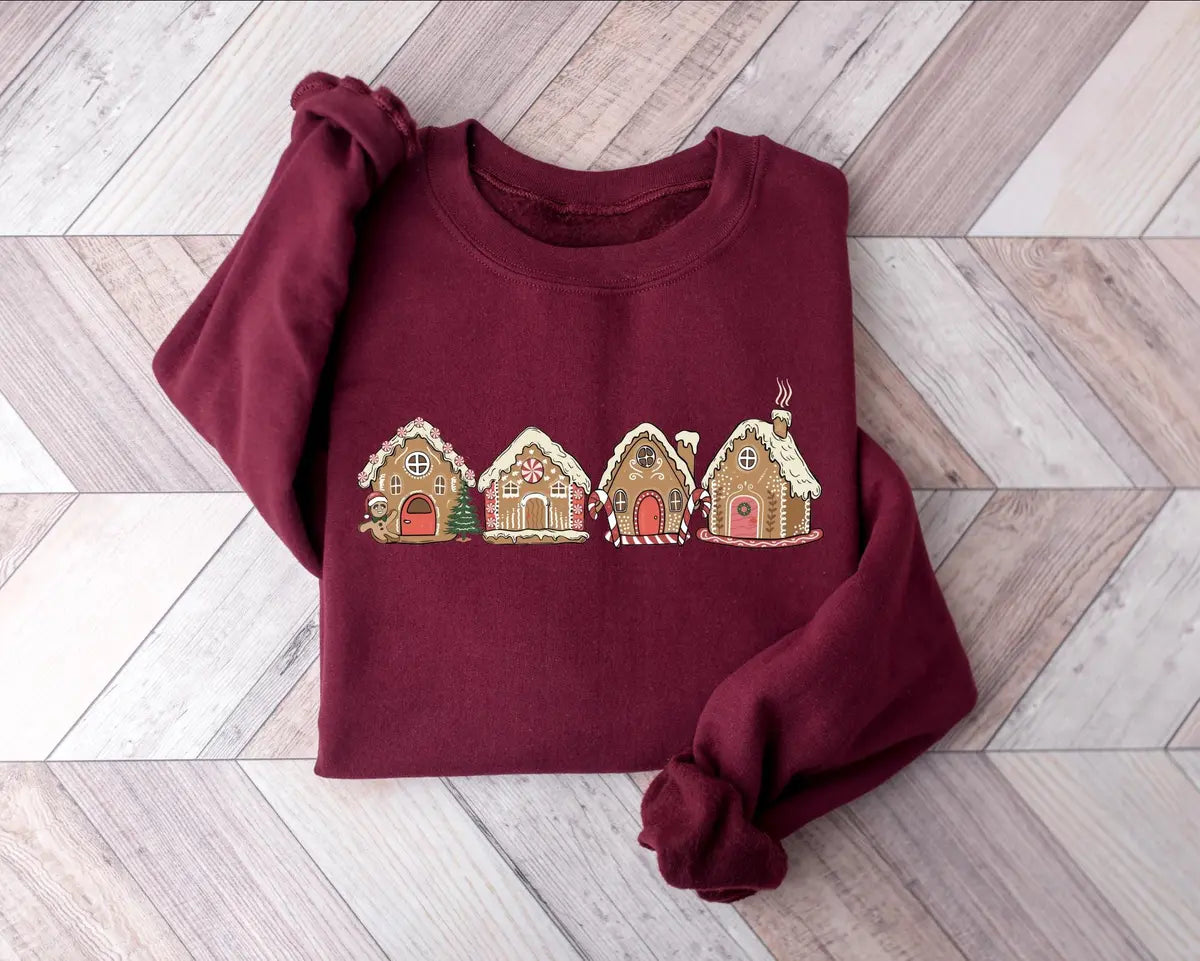 Cute Gingerbread Cookie Houses : Festive Holiday Crewneck Sweatshirt alternate product view.