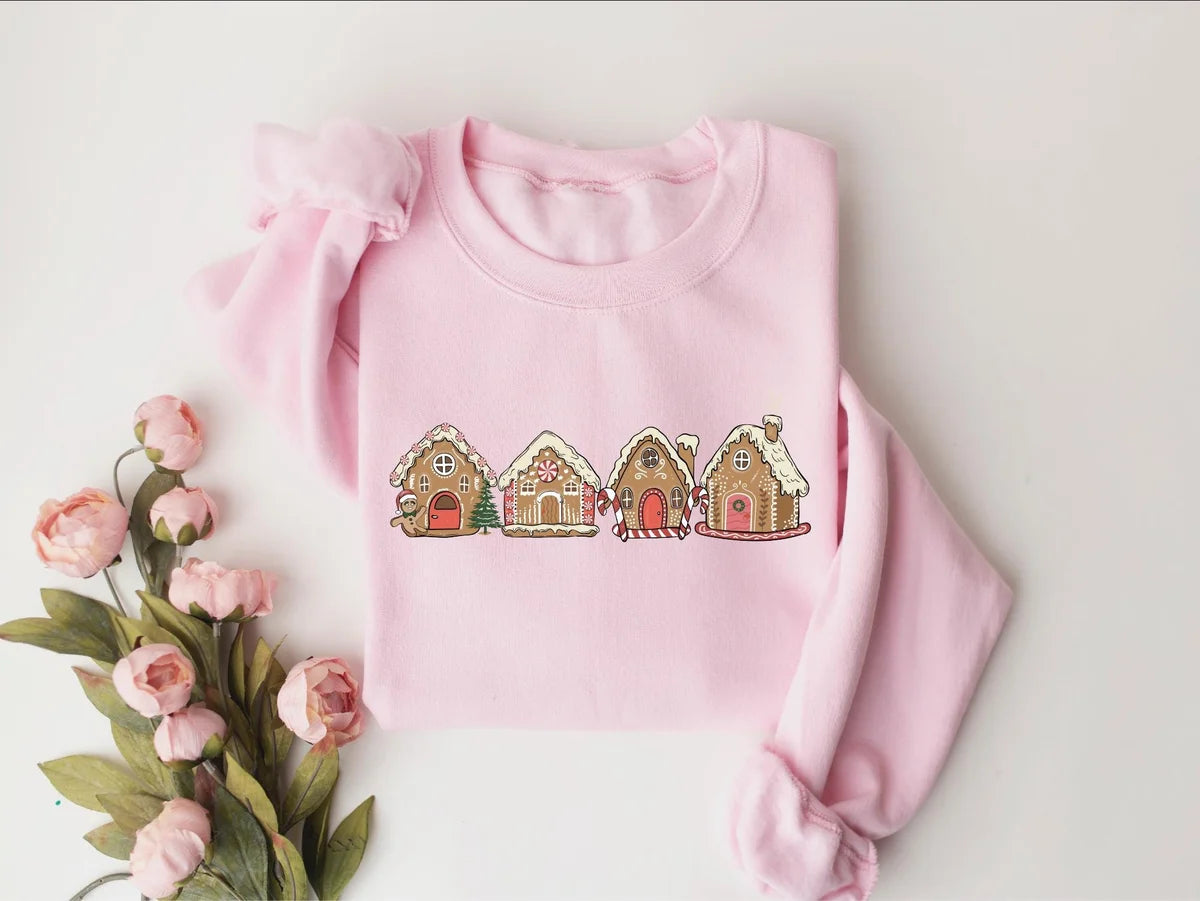 Cute Gingerbread Cookie Houses : Festive Holiday Crewneck Sweatshirt alternate product view.