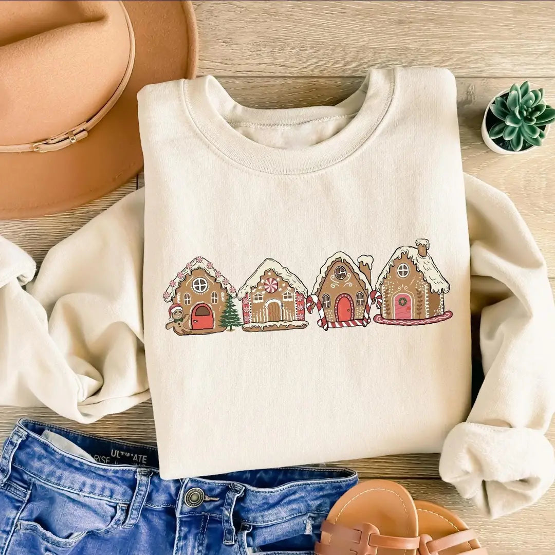 Cute Gingerbread Cookie Houses : Festive Holiday Crewneck Sweatshirt hero view.