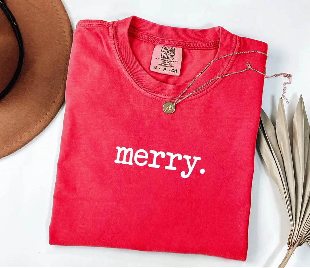 Cute Minimal Merry Christmas graphic Comfort Colors T-shirt, additional product photograph.