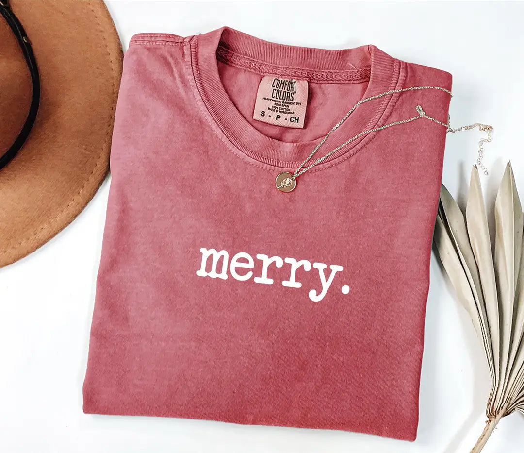 Cute Minimal Merry Christmas graphic Comfort Colors T-shirt, additional product photograph.