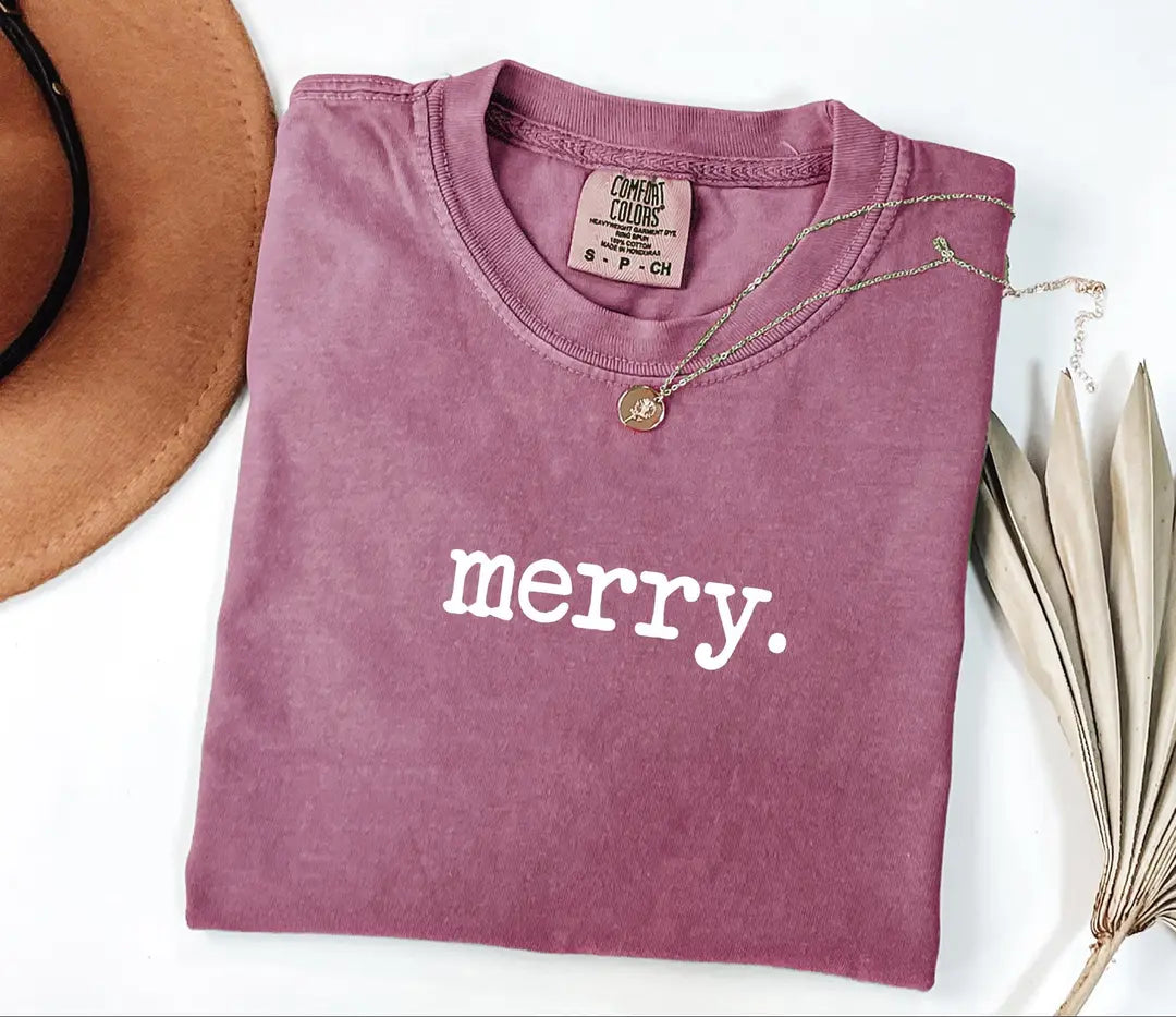 Cute Minimal Merry Christmas graphic Comfort Colors T-shirt, additional product photograph.