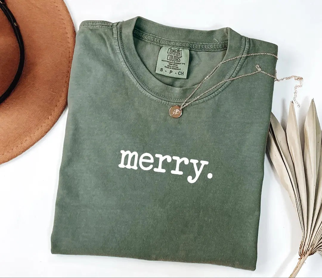 Cute Minimal Merry Christmas graphic Comfort Colors T-shirt, additional product photograph.