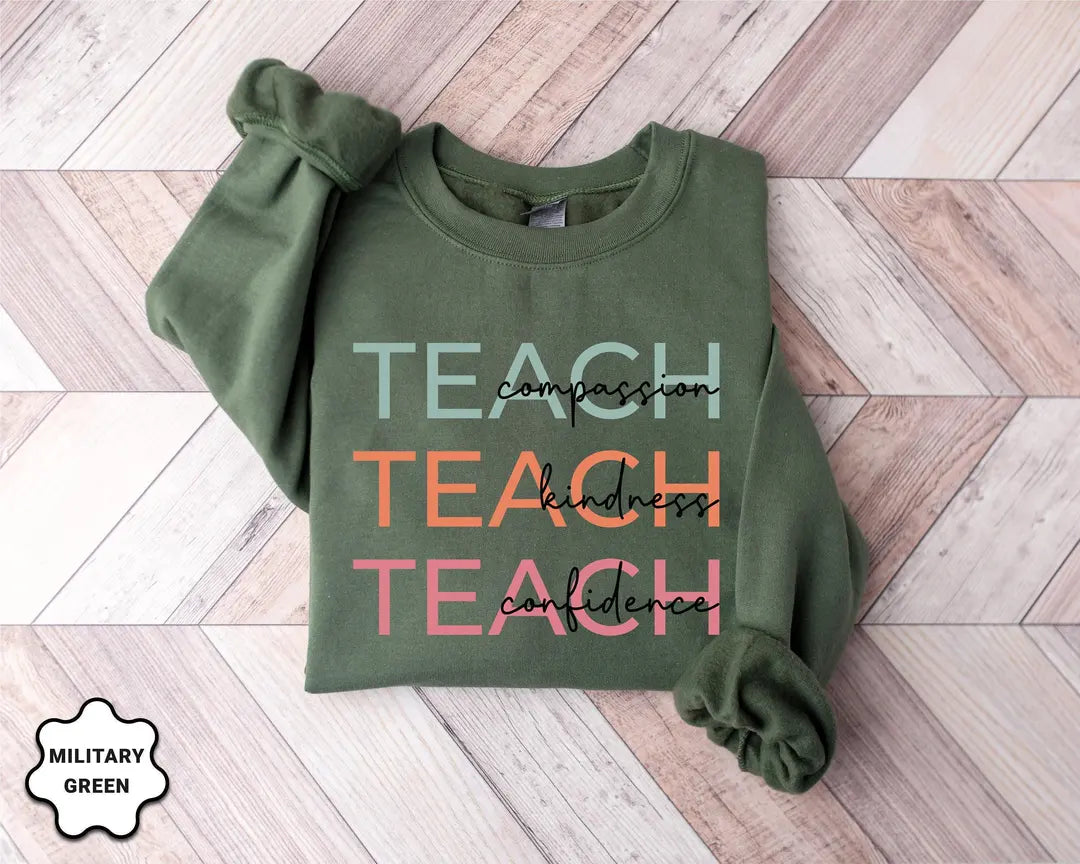 Cute Teach Crewneck Sweatshirt alternate product view in Military Green.
