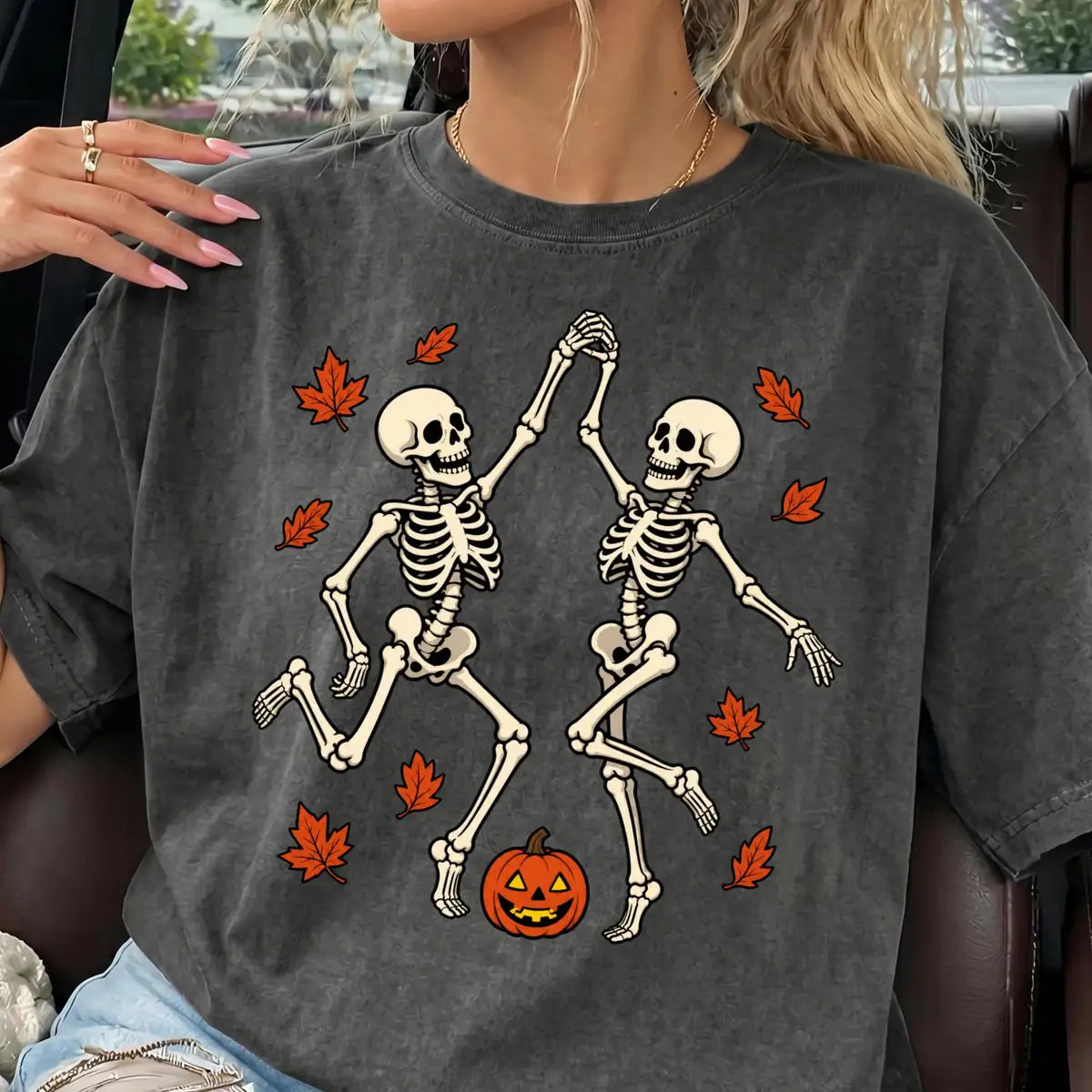 Pepper Comfort Colors T-shirt with Dancing Skeleton Couple Autumn Leaves - Folded Halloween Comfort Colors T-Shirt matching couple Halloween design
