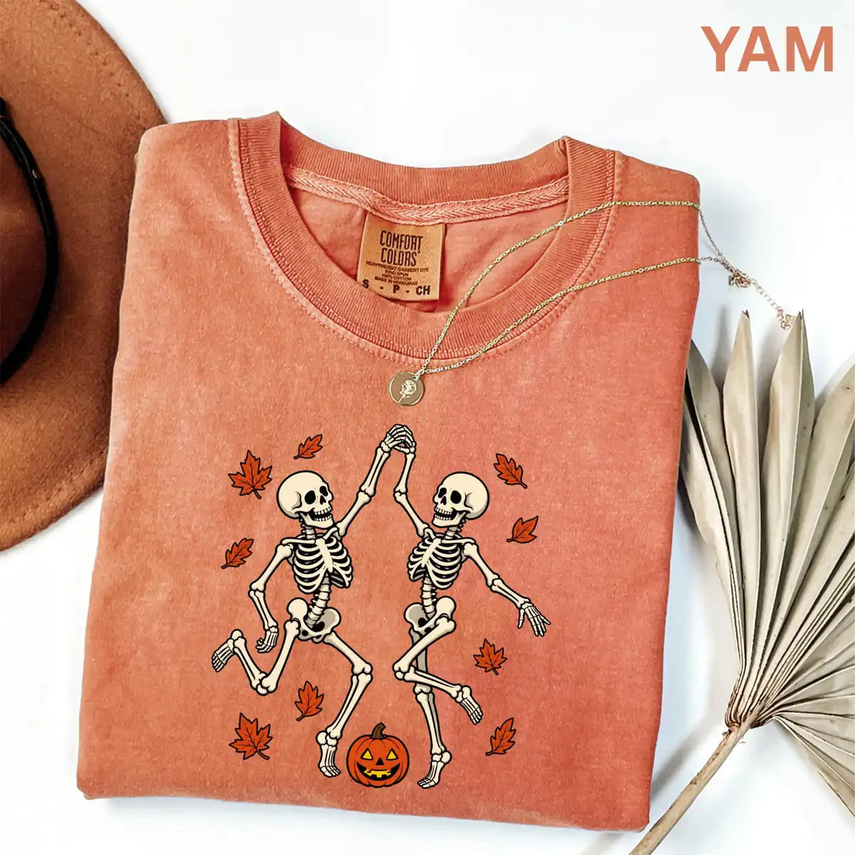 Yam Comfort Colors T-shirt with Dancing Skeleton Couple Autumn Leaves - Folded Halloween Comfort Colors T-Shirt matching couple Halloween design