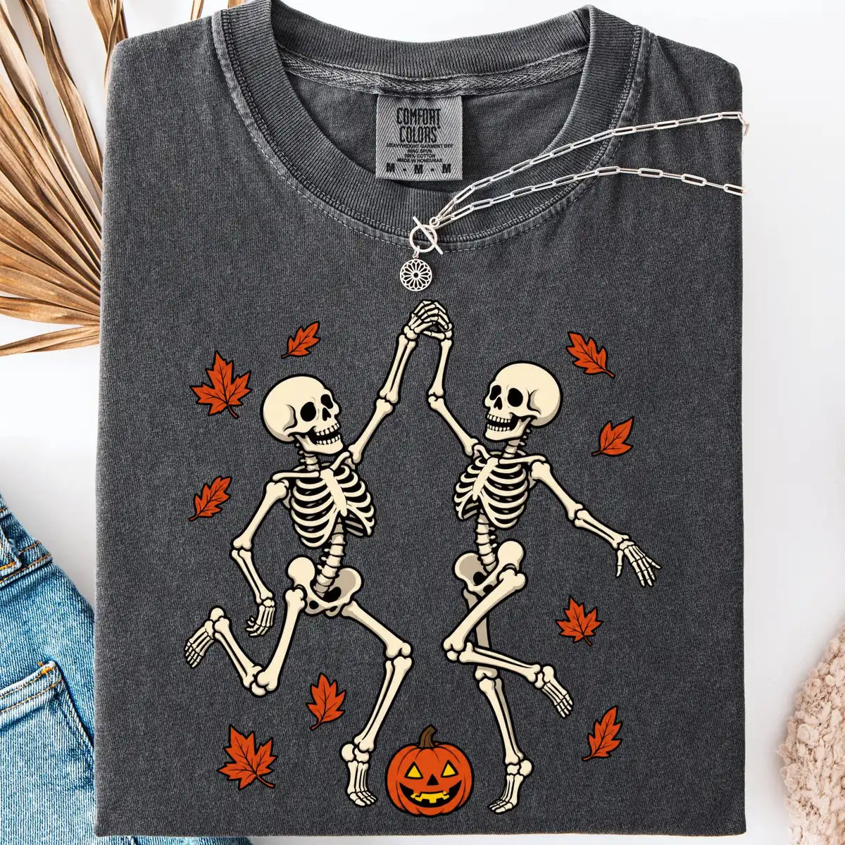 Pepper Comfort Colors T-shirt with Dancing Skeleton Couple Autumn Leaves - Folded Halloween Comfort Colors T-Shirt matching couple Halloween design