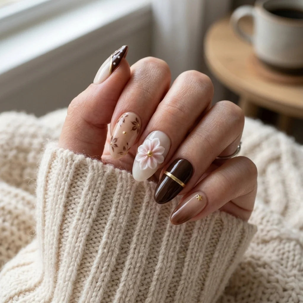 dark brown milky white 3d french tip almond press on nails vintage flower stripe detail 03