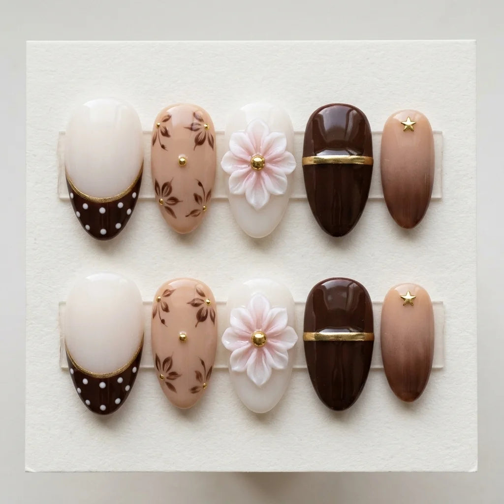 dark brown milky white 3d french tip almond press on nails vintage flower stripe flat lay 04
