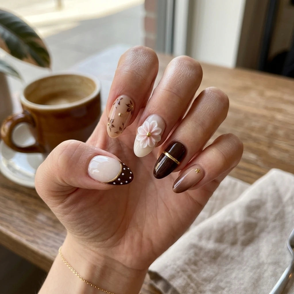 dark brown milky white 3d french tip almond press on nails vintage flower stripe lifestyle 02