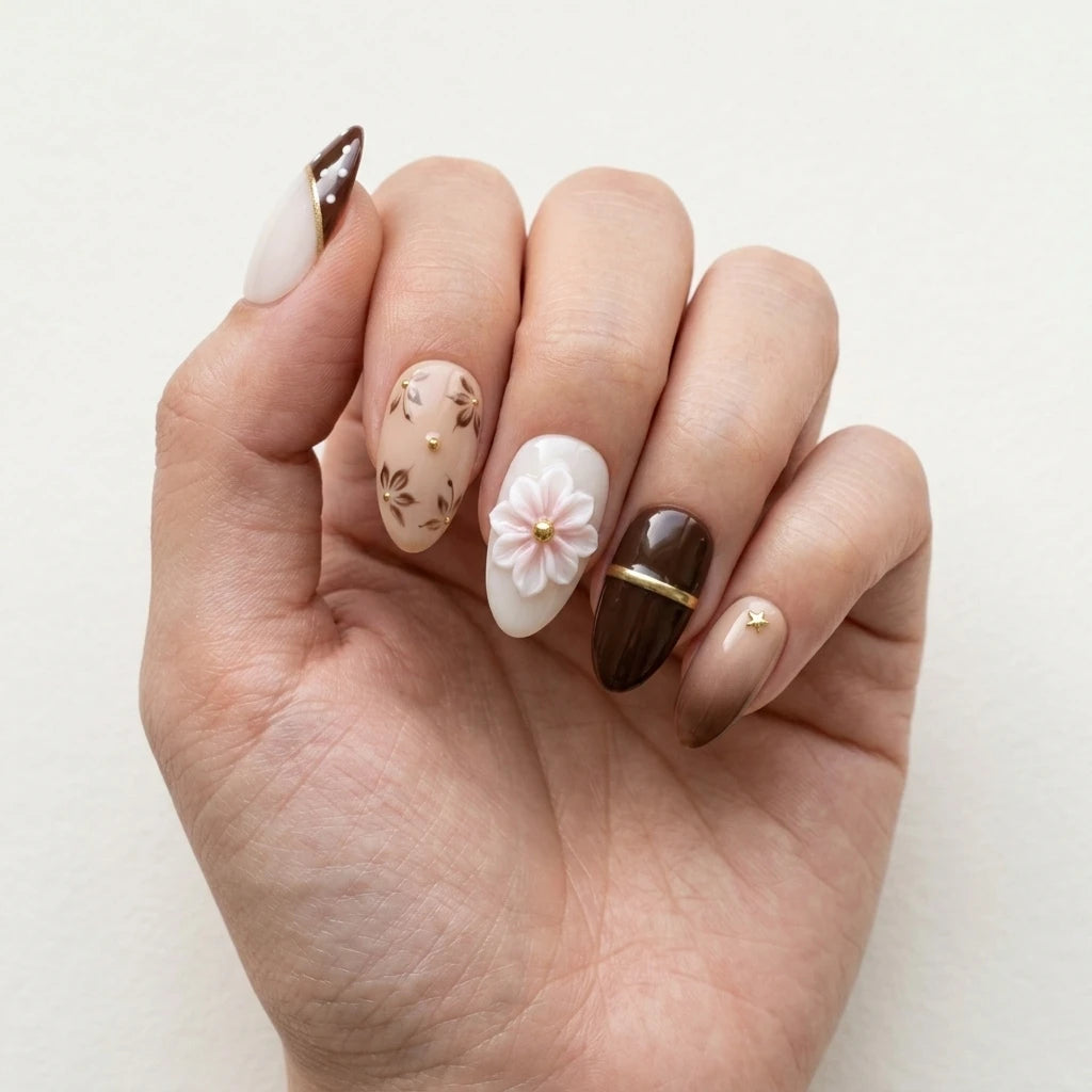 dark brown milky white 3d french tip almond press on nails vintage flower stripe mockup 01