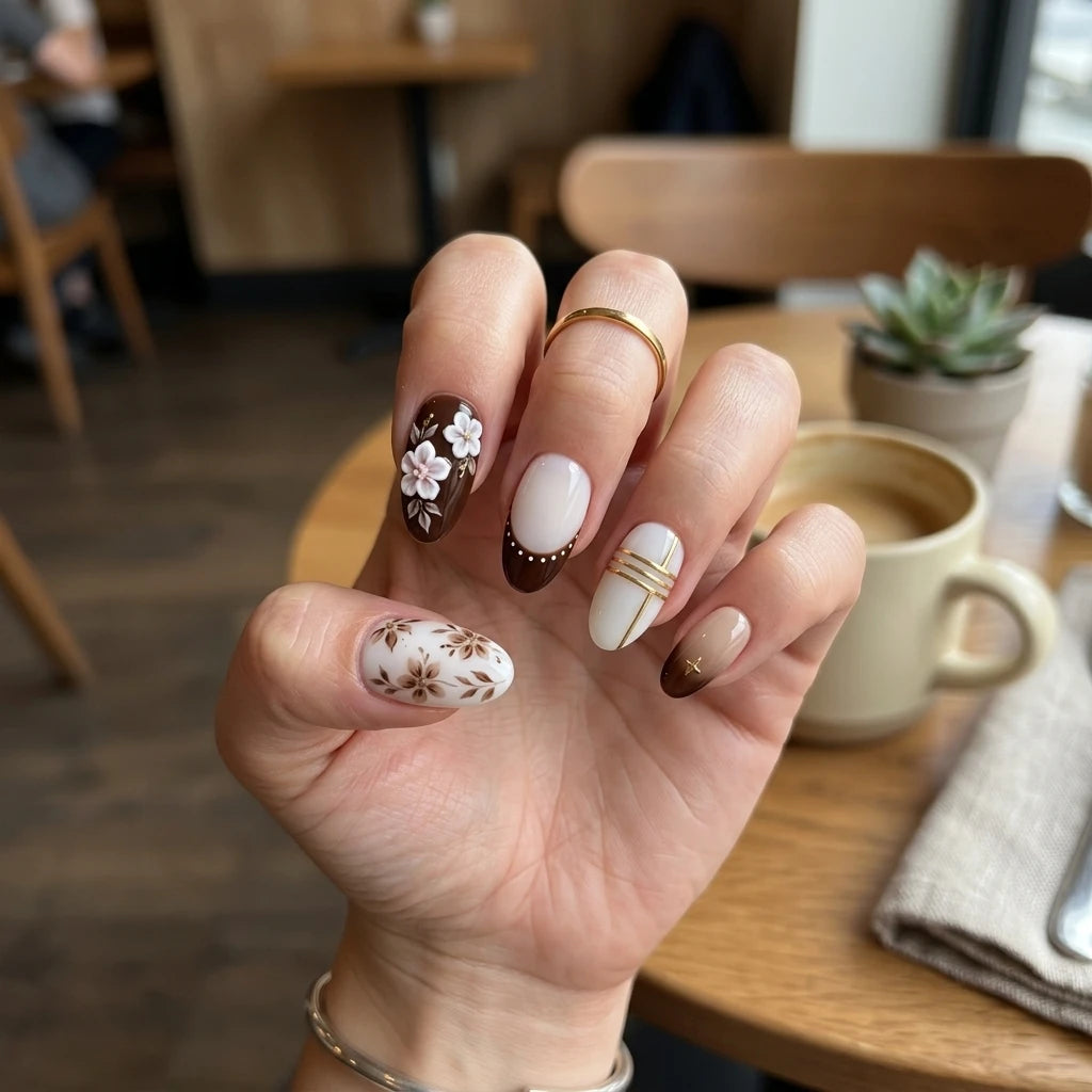 dark brown milky white 3d french tip almond press on nails vintage flower detail 03