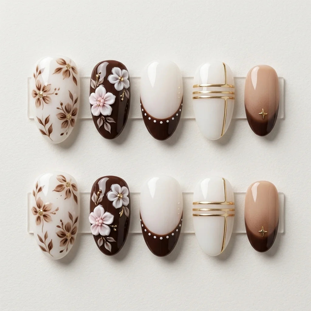 dark brown milky white 3d french tip almond press on nails vintage flower flat lay 04