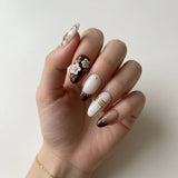 dark brown milky white 3d french tip almond press on nails vintage flower lifestyle 02