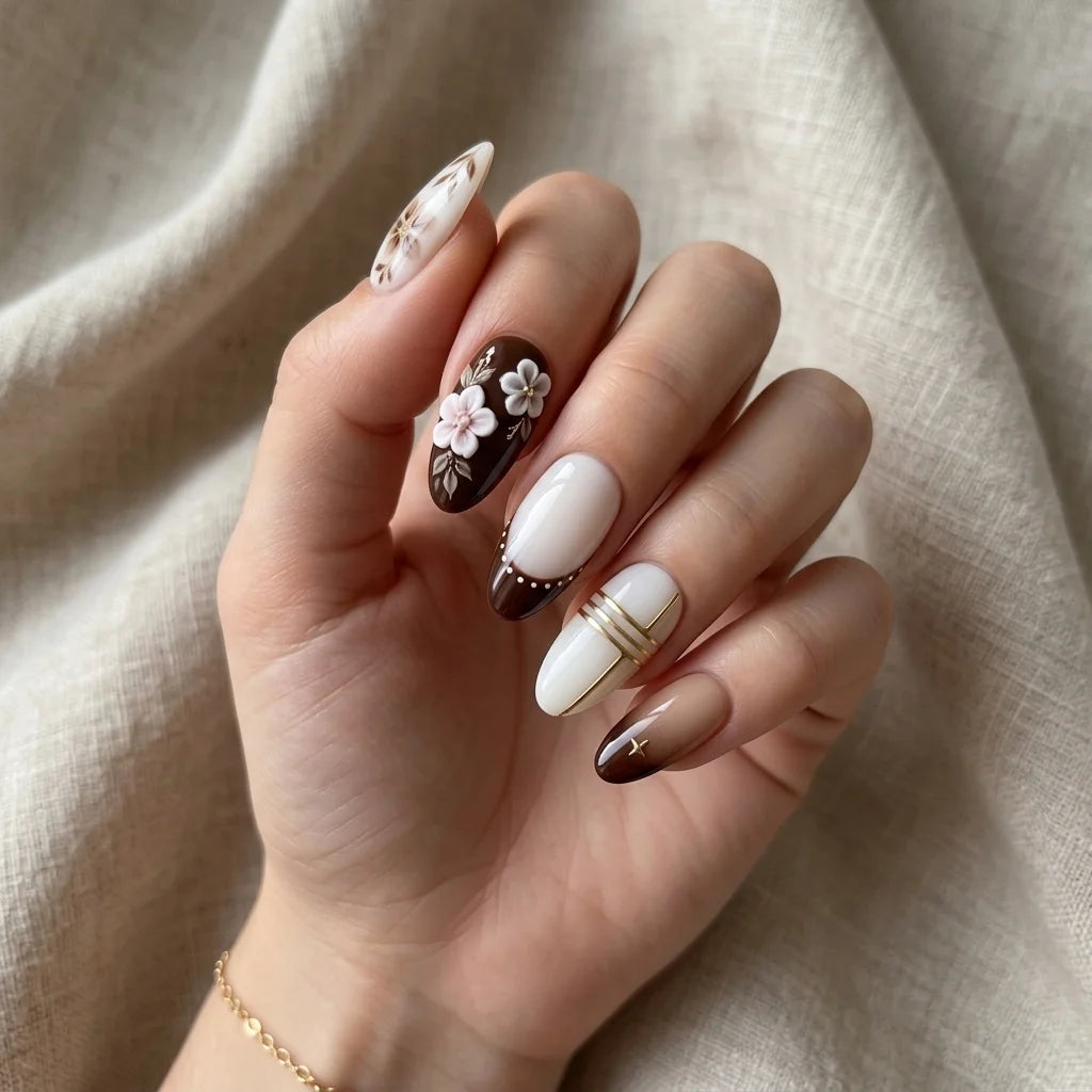 dark brown milky white 3d french tip almond press on nails vintage flower mockup 01