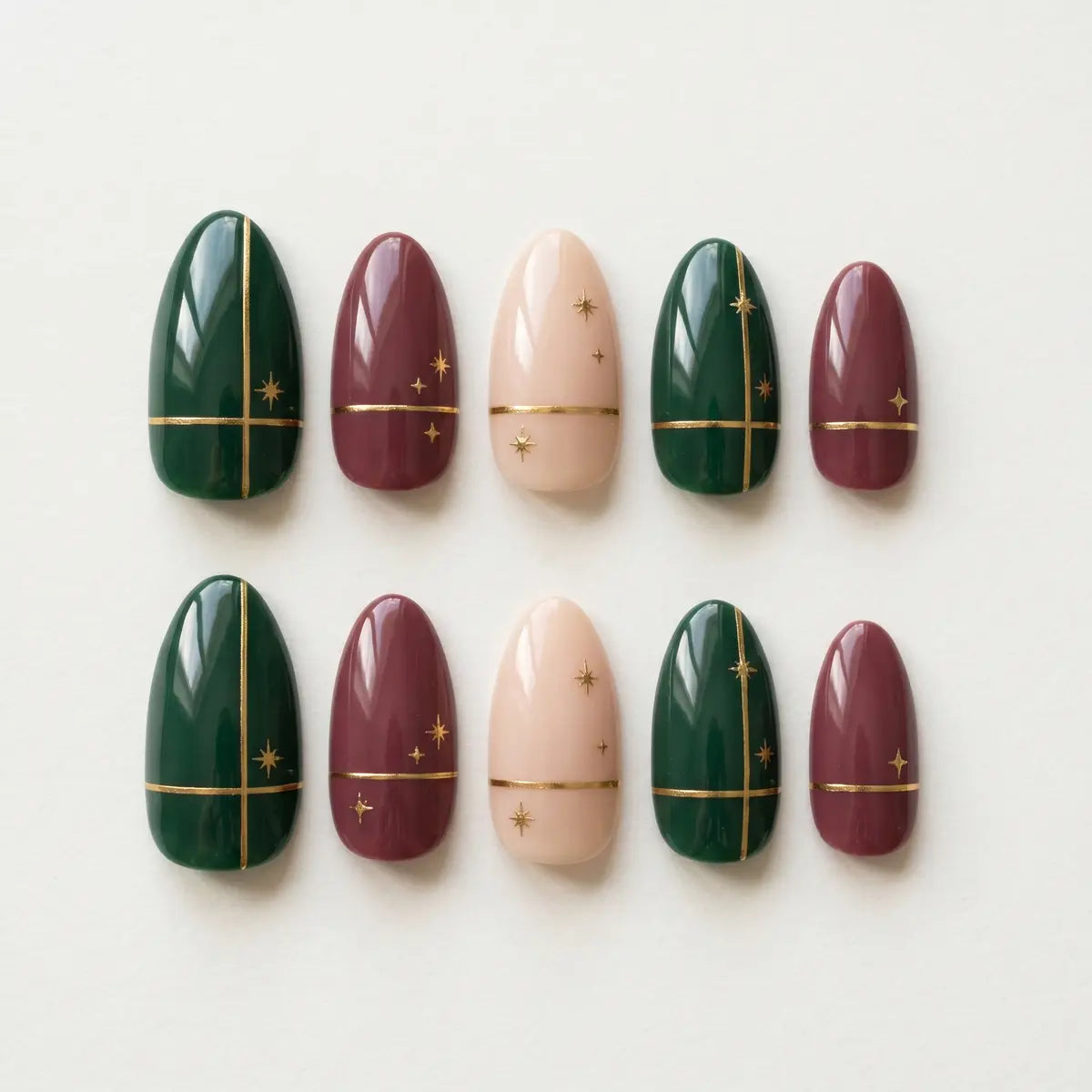 dark green burgundy hand painted almond press on nails gold star detail 03