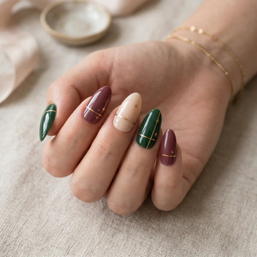 dark green burgundy hand painted almond press on nails gold star lifestyle 02