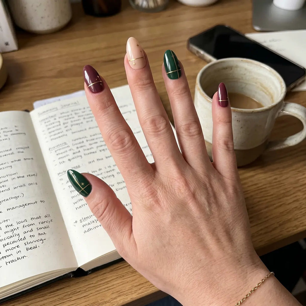 dark green burgundy hand painted almond press on nails gold star mockup 01