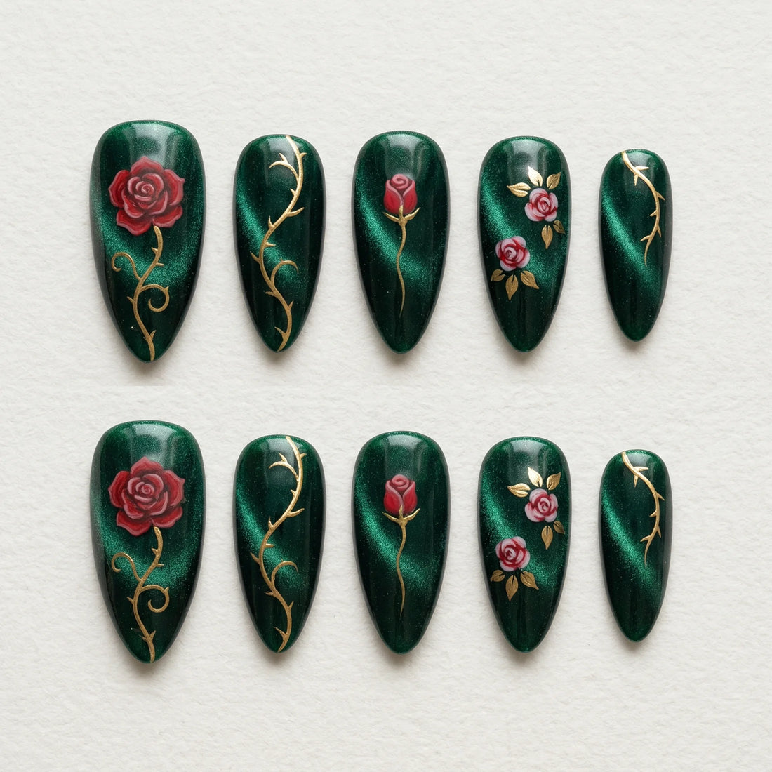 dark green cat eye hand painted stiletto medium press on nails red rose gold vine lifestyle 02