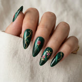 dark green cat eye hand painted stiletto medium press on nails red rose gold vine lifestyle 02