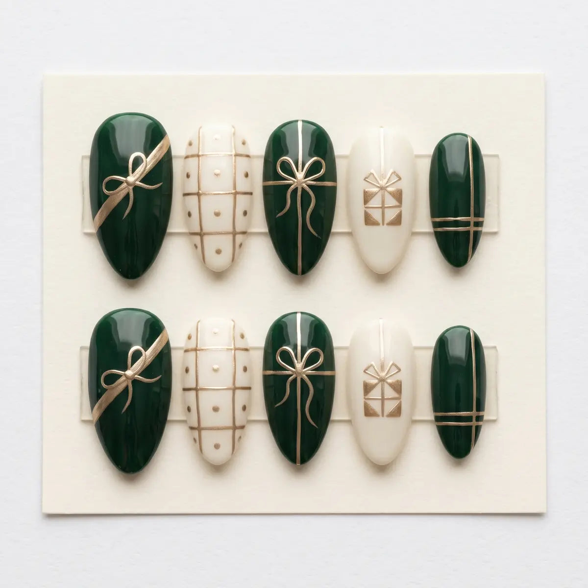 dark green white hand painted almond press on nails gold ribbon gift detail 03