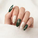 dark green white hand painted almond press on nails gold ribbon gift lifestyle 02