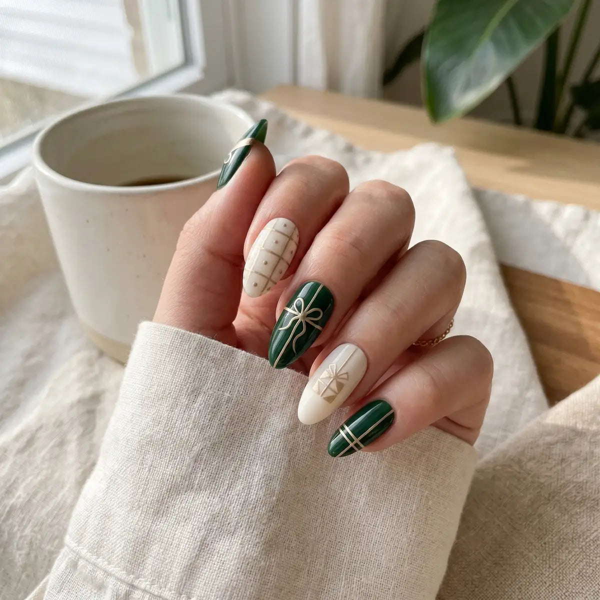 dark green white hand painted almond press on nails gold ribbon gift mockup 01