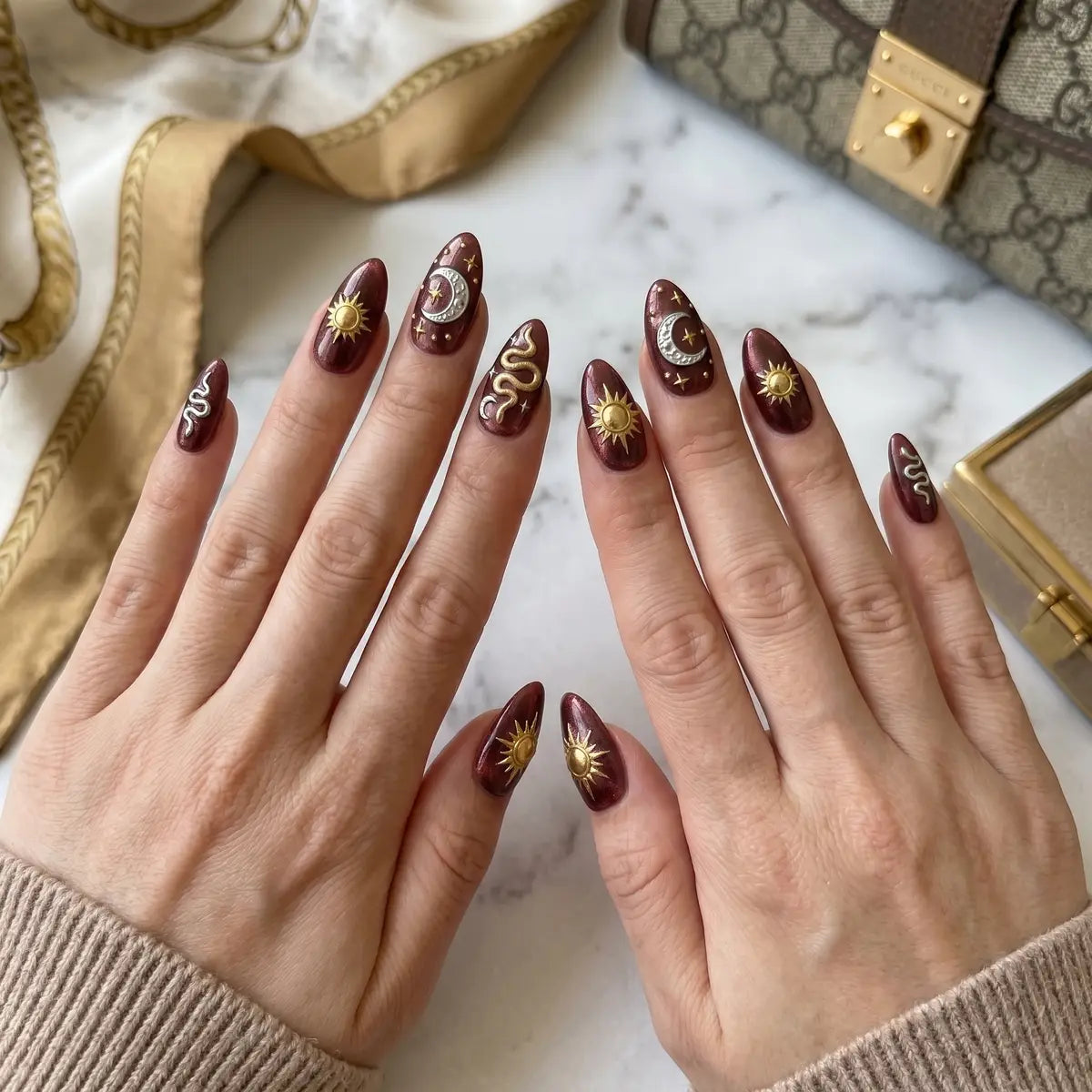 dark red 3d almond press on nails gold sun silver moon snake detail 03