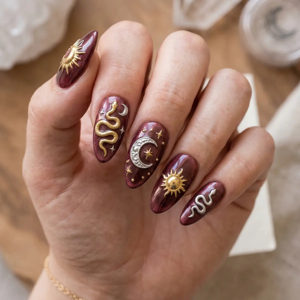 dark red 3d almond press on nails gold sun silver moon snake lifestyle 02