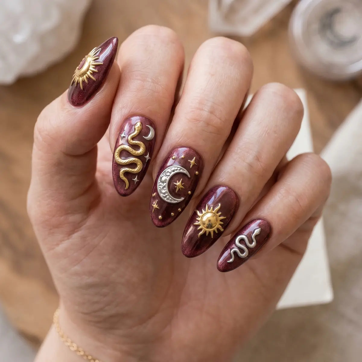 dark red 3d almond press on nails gold sun silver moon snake lifestyle 02