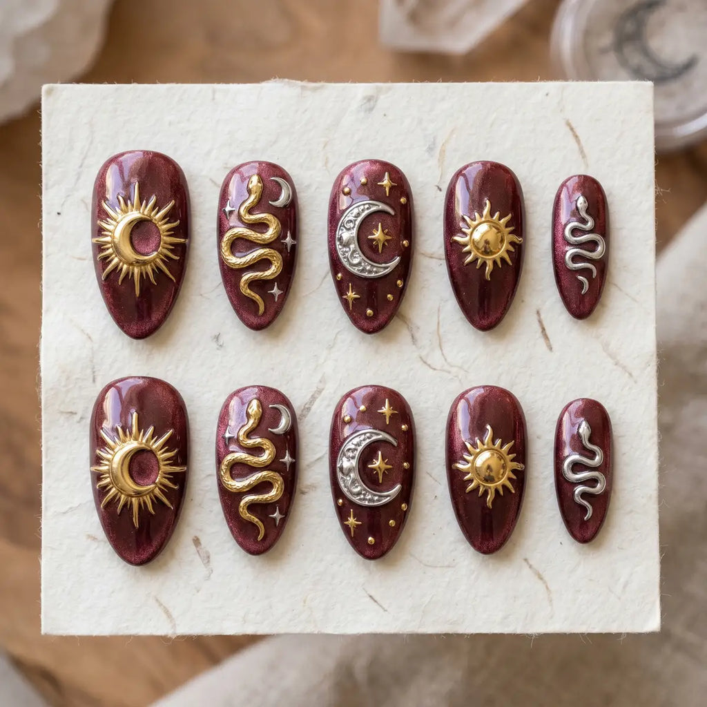 dark red 3d almond press on nails gold sun silver moon snake mockup 01