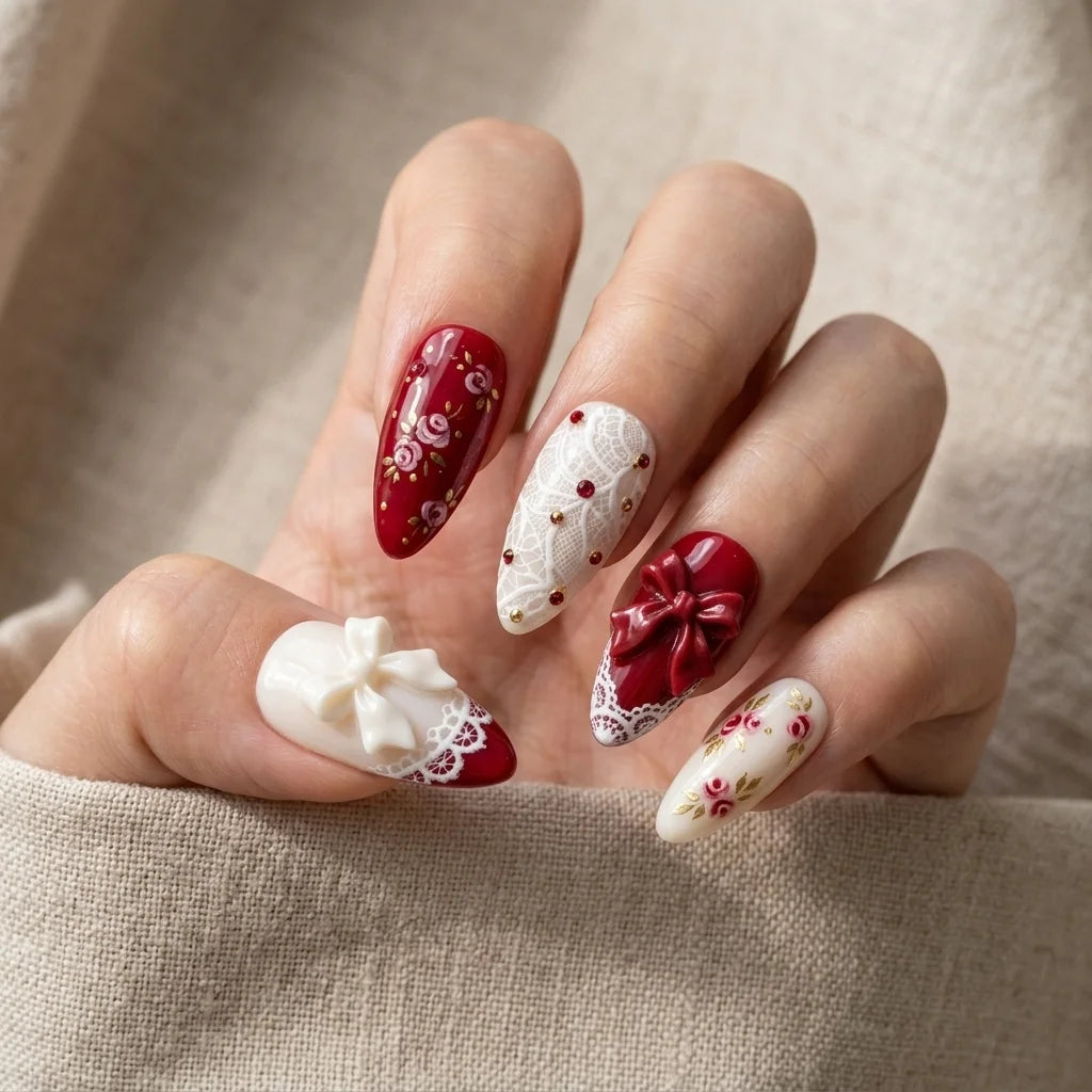 dark red white 3d almond medium press on nails ribbon rose lace box 02