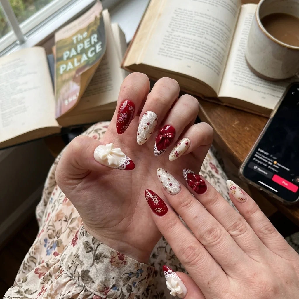 dark red white 3d almond medium press on nails ribbon rose lace lifestyle 03