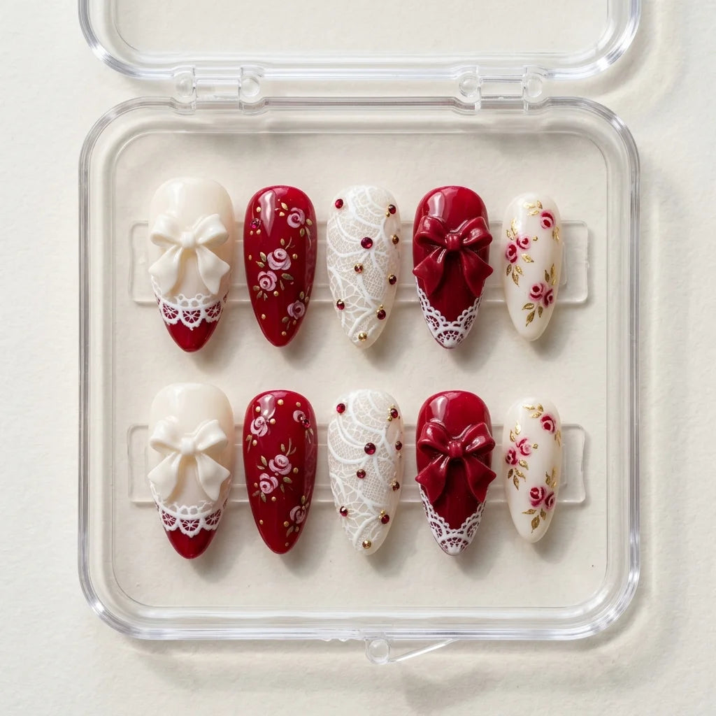 dark red white 3d almond medium press on nails ribbon rose lace lifestyle 04