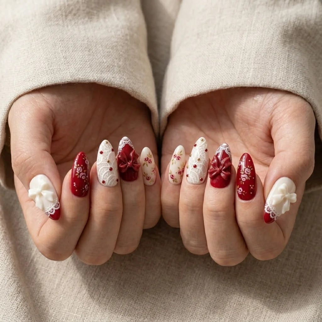 dark red white 3d almond medium press on nails ribbon rose lace mockup 01