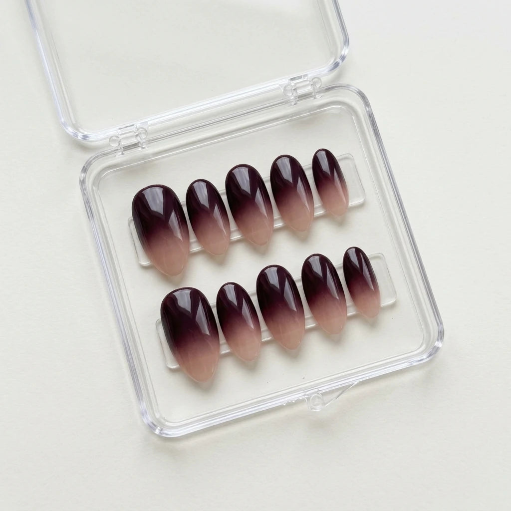 deep plum nude ombre almond press on nails detail 01