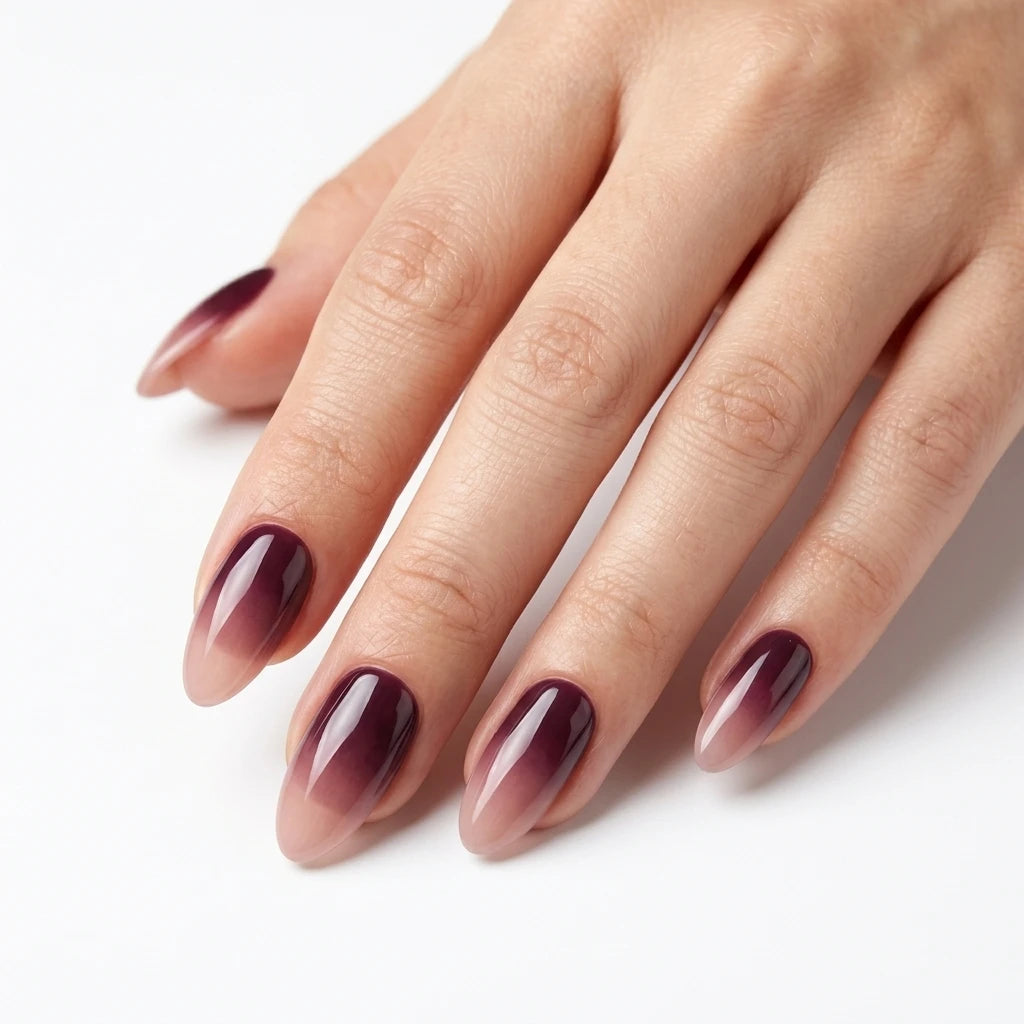 deep plum nude ombre almond press on nails mockup 01