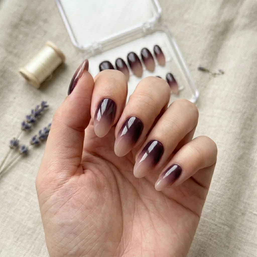 deep plum nude ombre almond press on nails mockup 02