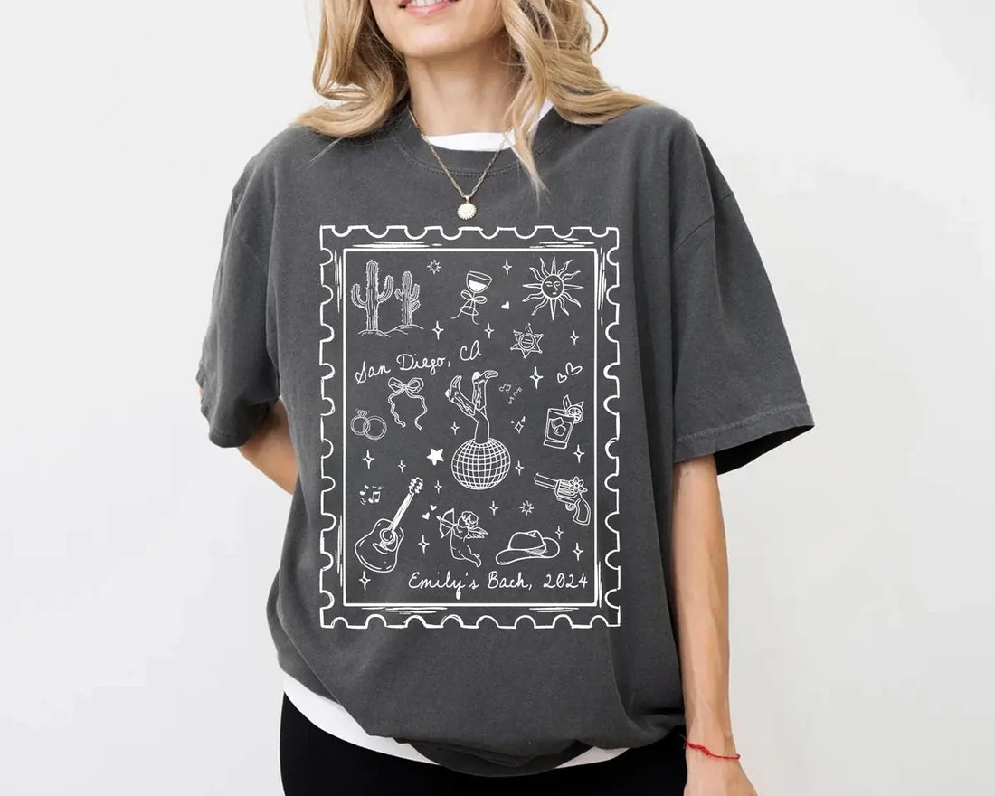 Desert Western - Custom Location - Country Bachelorette Party Comfort Colors T-Shirt - Comfort Colors T-Shirt Mockup Image