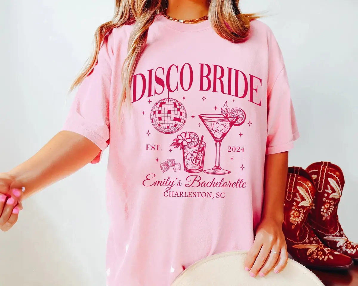 Social Club - Custom Name and Location - Disco Bachelorette Party Comfort Colors T-Shirt - Comfort Colors T-Shirt Mockup Image