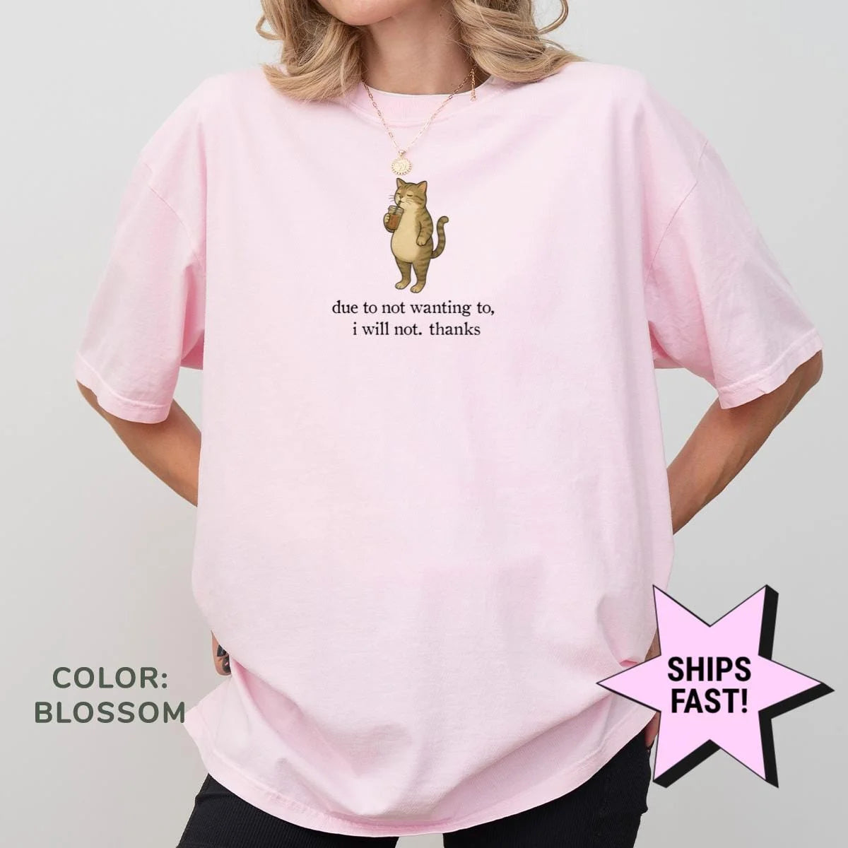 Woman in a Blossom pink Comfort Colors tee with a tabby cat holding a drink above a small sarcastic quote in black