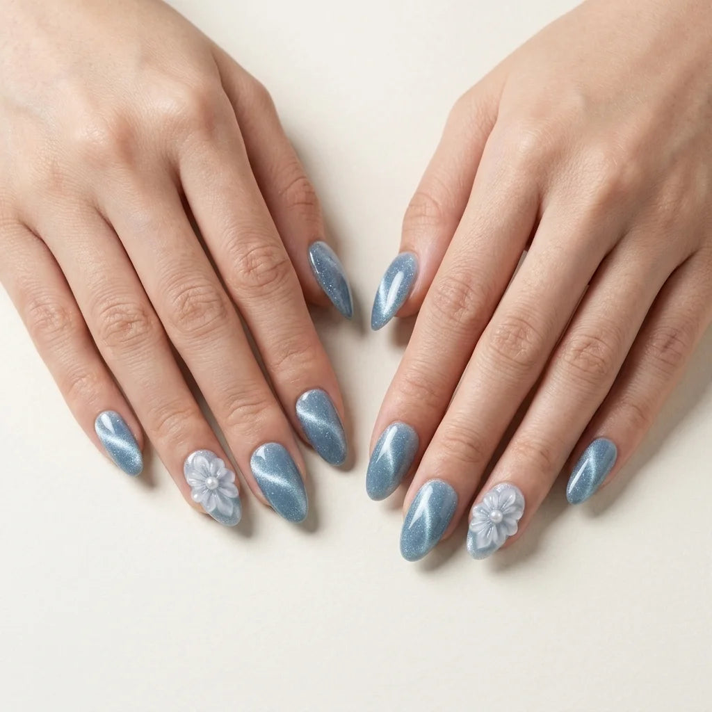 dusty blue 3d cat eye almond press on nails flower pearl flat lay 04
