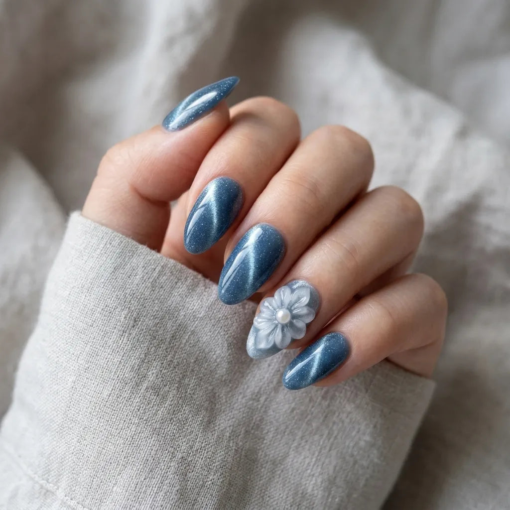 dusty blue 3d cat eye almond press on nails flower pearl lifestyle 02